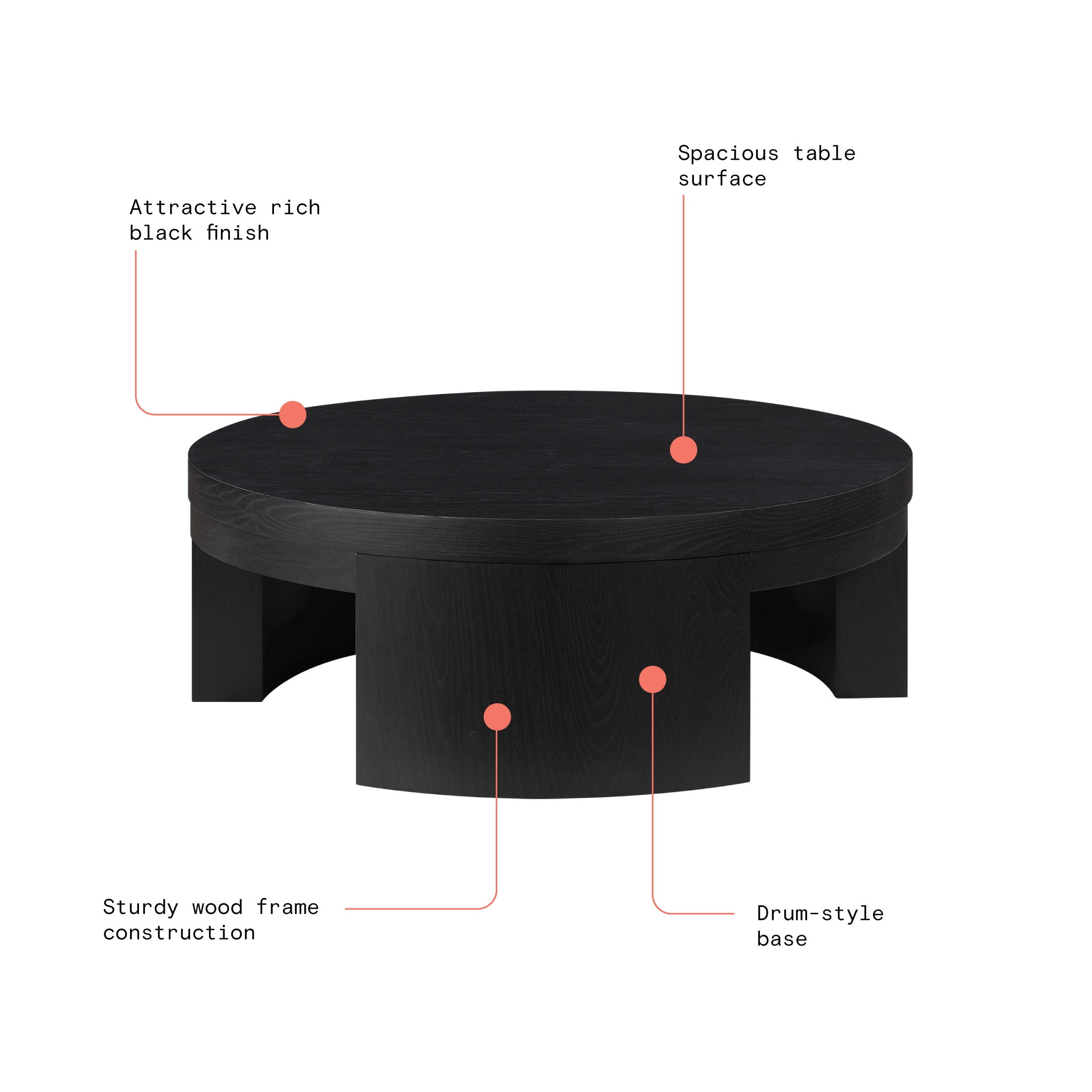 Beautiful Mod Round Coffee Table by Drew Barrymore, Rich Black Finish