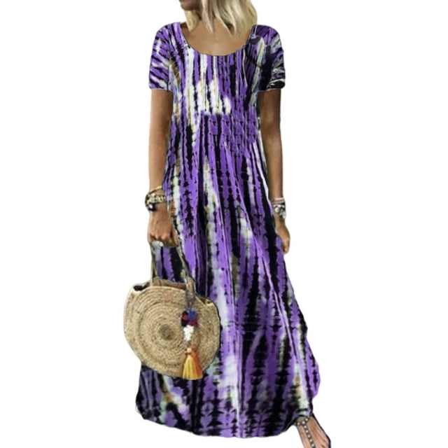 Daeful Robe à Manches Courtes Robe d'Été Col Rond Robes Dames Bohème Ample Imprimé Teinture sur Nœuds Violet P