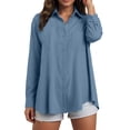 thumbnail image 2 of Kaprioy Womens Button Down Shirts Long Sleeve Gauze Tops Casual Collared Blouses Loose Fit Fall Trendy Cute Womens Tops Navy, XL, 2 of 8