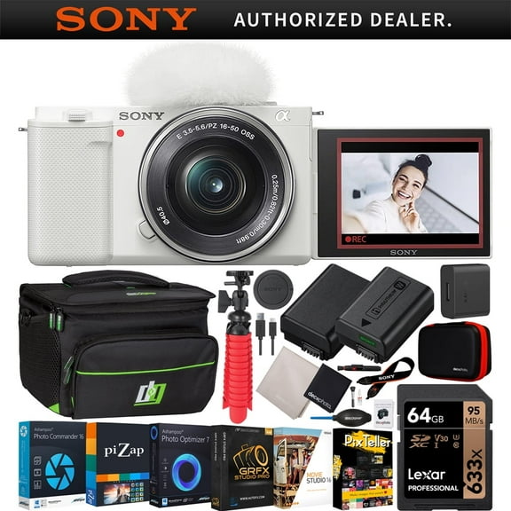 Sony ZV-E10 Mirrorless Alpha APS-C Vlog Camera & 16-50mm F3.5-5.6 Zoom Lens ILCZV-E10L/W Bundle   Deco Gear Case   Extra Battery   Photo Video Software & Accessories |Official Sony Partner|