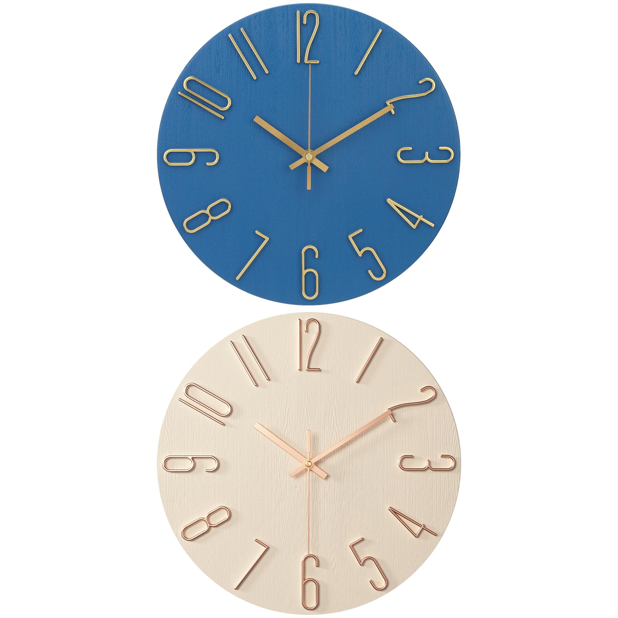 Unique Bargains 2 Pcs Analog Battery Operated Wall Clock 12 Inch Dark Blue/Beige