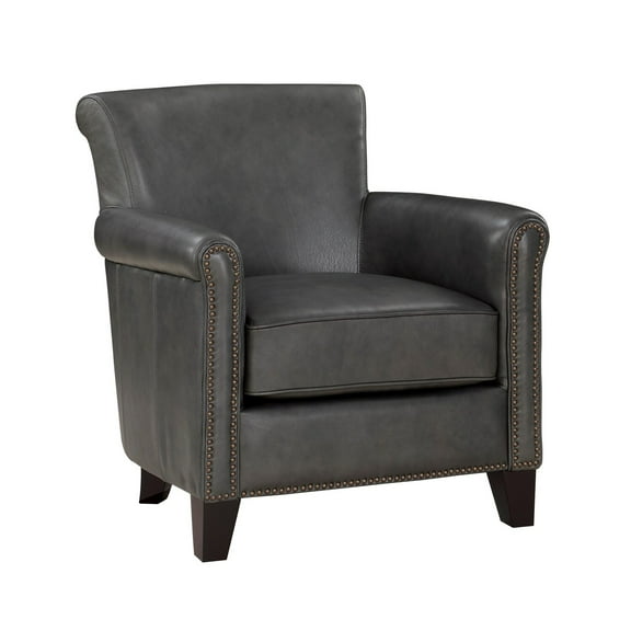 Tria 35 Inch Accent Chair- Gray Top Grain and Split Leather- Brown Wood