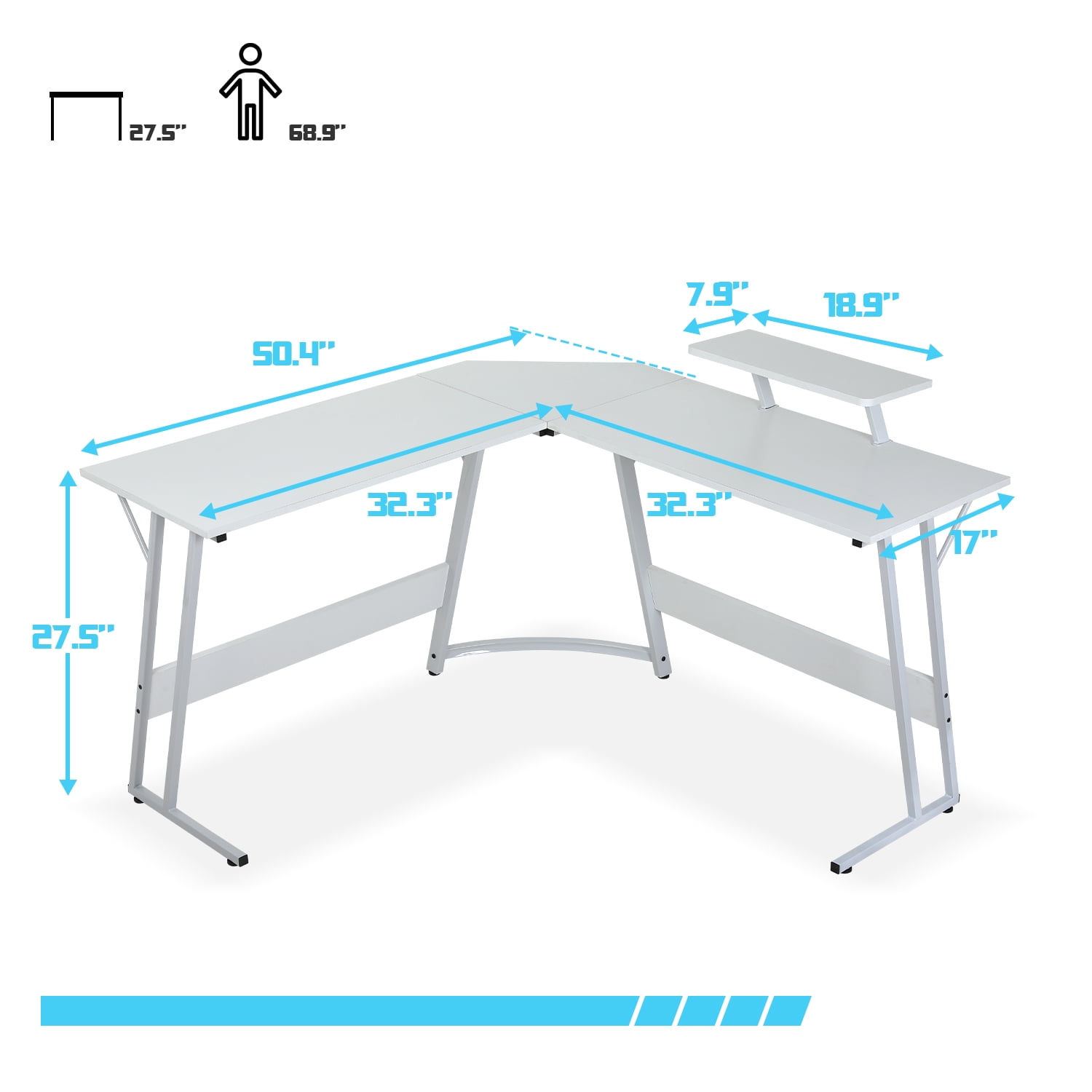 CL.HPAHKL L Shaped Gaming Desk, Corner Computer Desk with Large Desktop PC Gaming Desk Table with Large Monitor Riser Stand 50 Inch Computer Table Desk for Home Office Gaming Writing Study, White