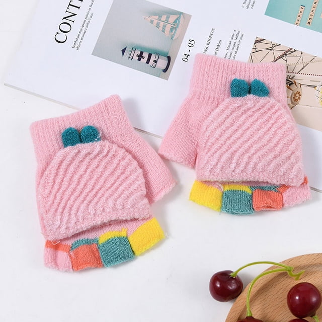 Guantes de punto con vuelta para niños de otoño e invierno, de medio dedo, de doble propósito, para niños y niñas, bonitos y cálidos dedos expuestos, para niños y estudiantes