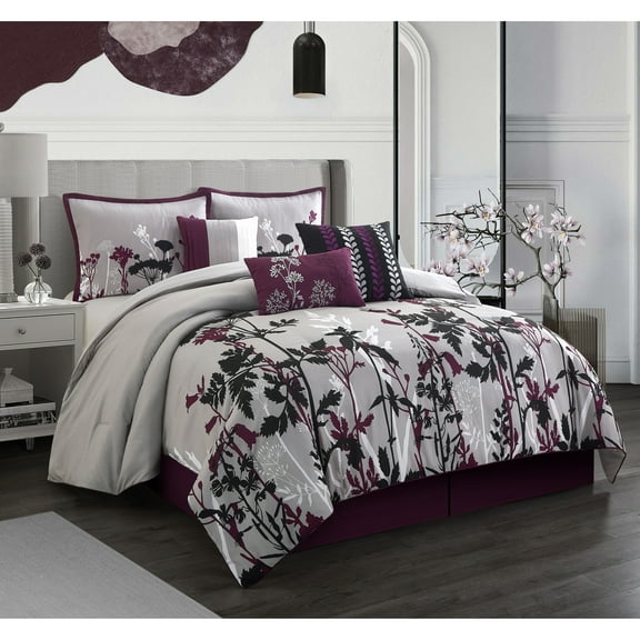 Nanshing Ciaran 7-Piece Purple Floral Comforter Set Queen