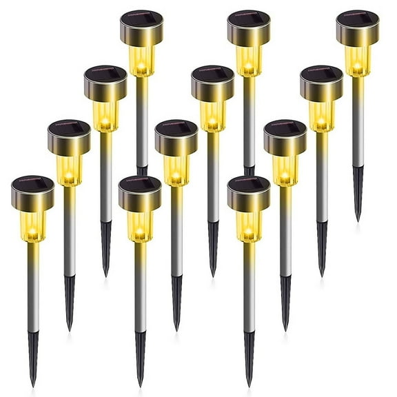 Rirool 12-Pack Solar LED Garden Lights, Stainless Steel Waterproof Outdoor Landscape Lighting - Warm white