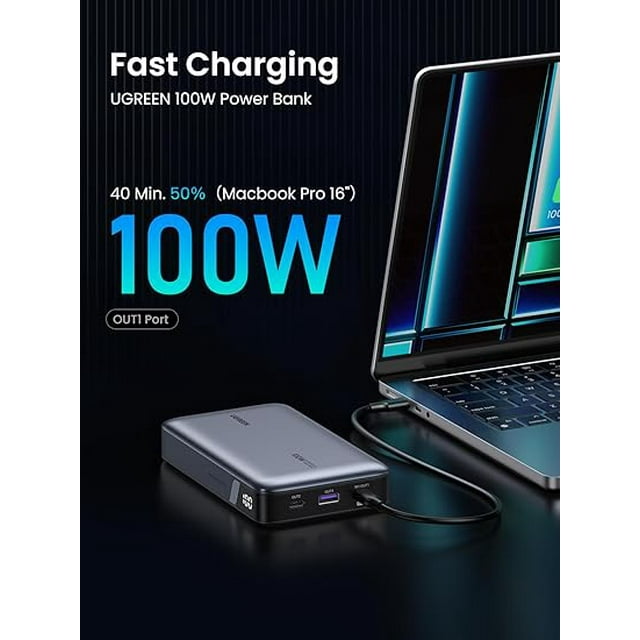 Power Bank de 20000mAh | 3 Salidas 100W Max. | USB-A + 2 USB-C | PD 3.0 | QC3.0 | FCP | SCP | Pantalla Inteligente | Carcasa Ignifuga