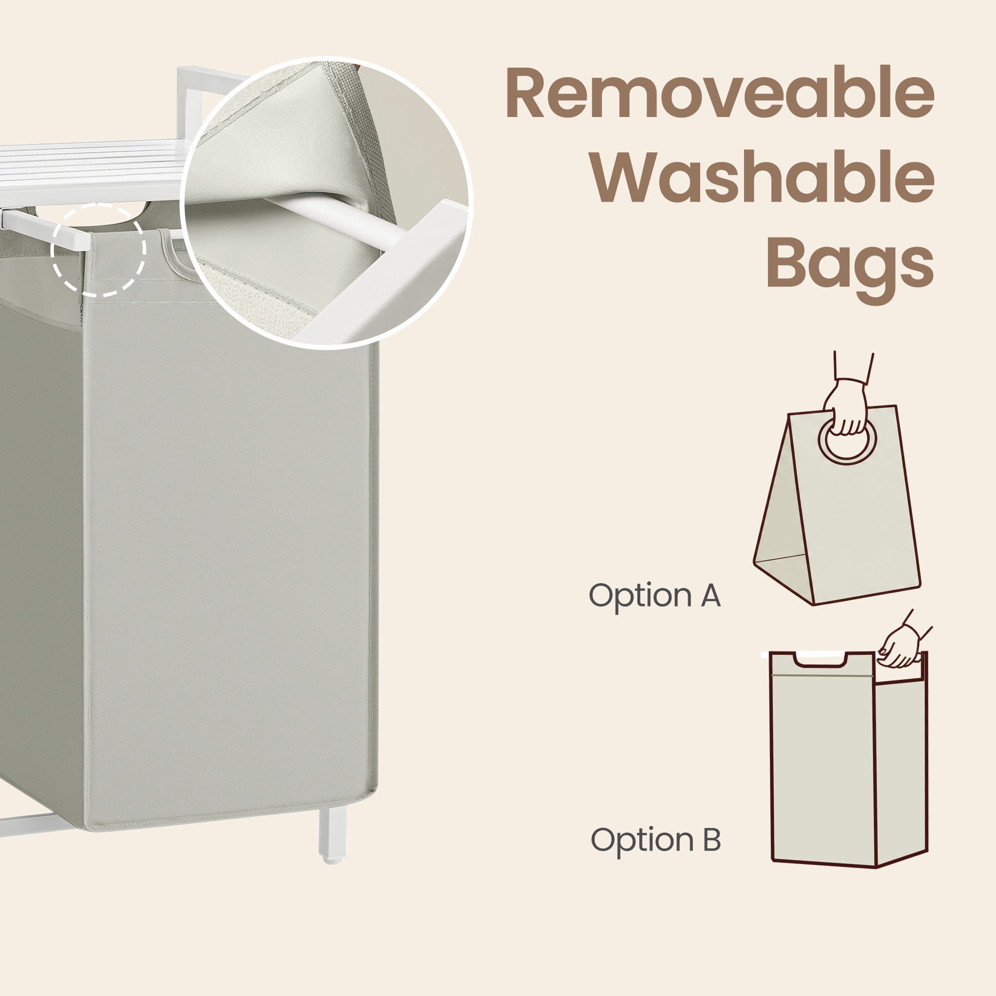 Ledrem Laundry Sorter with 2 Removable Bags and Storage Shelf, 2-Compartment Organization, White