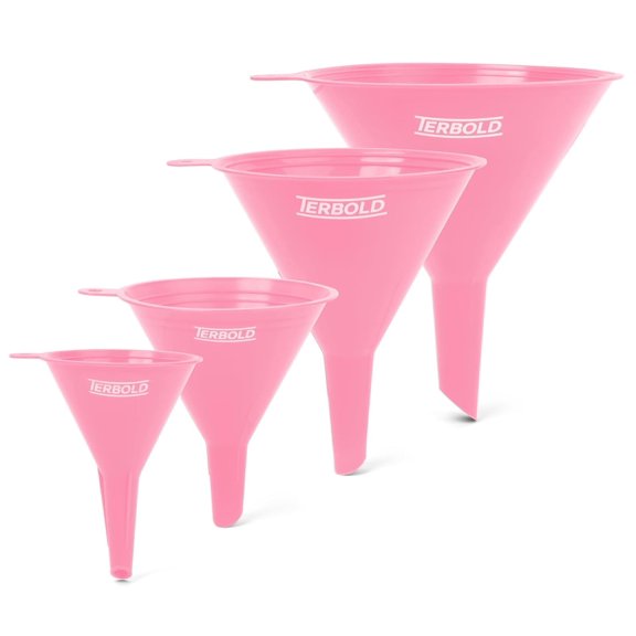 Terbold 4pc Funnel Nesting Set in BPA Free Plastic for Kitchen Cooking, Car Oil, Home, or Lab Use (Pink)