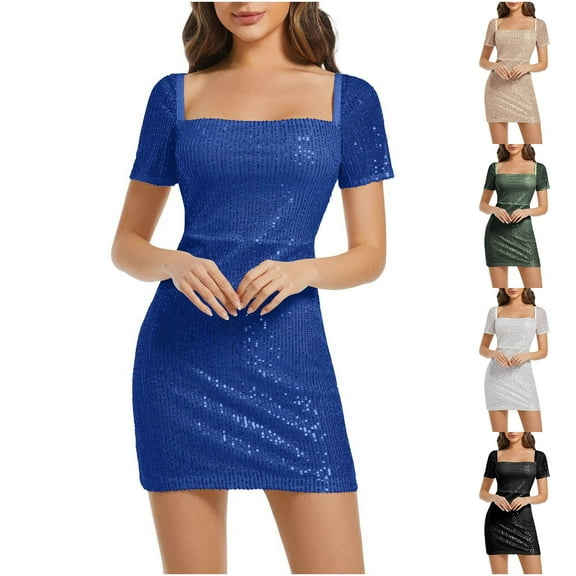 ZZwxWA Women Sexy Short Sleeve Sparkly Sequin Bodycon Mini Dress Square Neck See Through Backless Self Tie Up Short Dress Cocktail Party