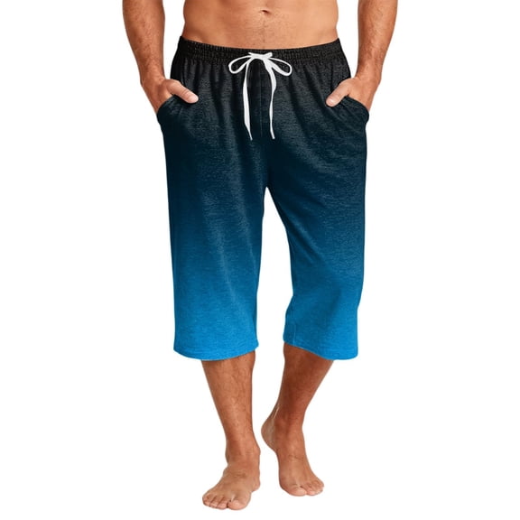 Migroa Mens Capri Pants Elastic Waist Drawstring Workout Gym Joggers Summer Gradient Pajama Shorts Casual Sweat Blue L
