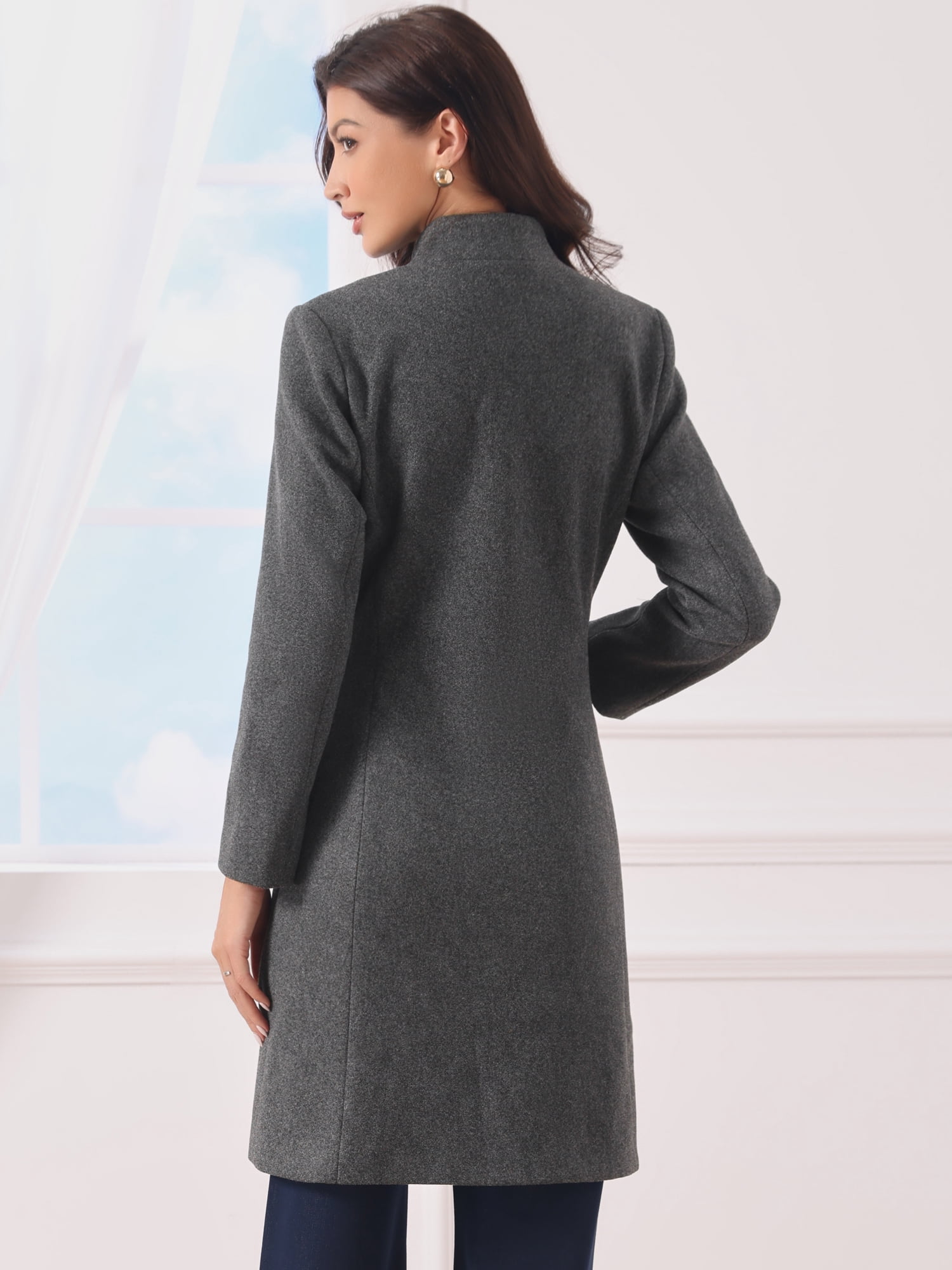 DARING DIVA Women's Stand Collar Mid-Length Overcoat with Pockets M Grey