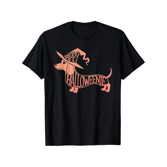 Happy Halloweenie Weiner Dog T-Shirt - Cute Dachshund in Witch Hat, Black Short Sleeve Graphic Tee, 100% Cotton, Round Neck, Casual Halloween Apparel for Teens & Adults, Halloween Shirts