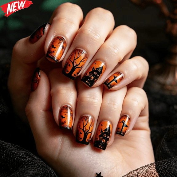 24PCS Short Square Spooky Halloween Press On Nails, Orange Gradient Haunted House Bat Bare Tree Fake Nails, Glossy Reusable False Nail Tips, DIY Manicure for Halloween Women