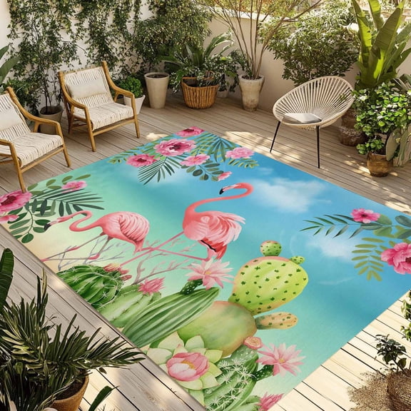 Pink Flamingos Outdoor Rug for Patio/Deck/Porch, Non-Slip Large Area Rug 6 x 9 Ft, Summer Beach Tropical Floral Cactus Indoor Outdoor Rugs Washable Area Rugs, Reversible Camping Rug Carpet Runner