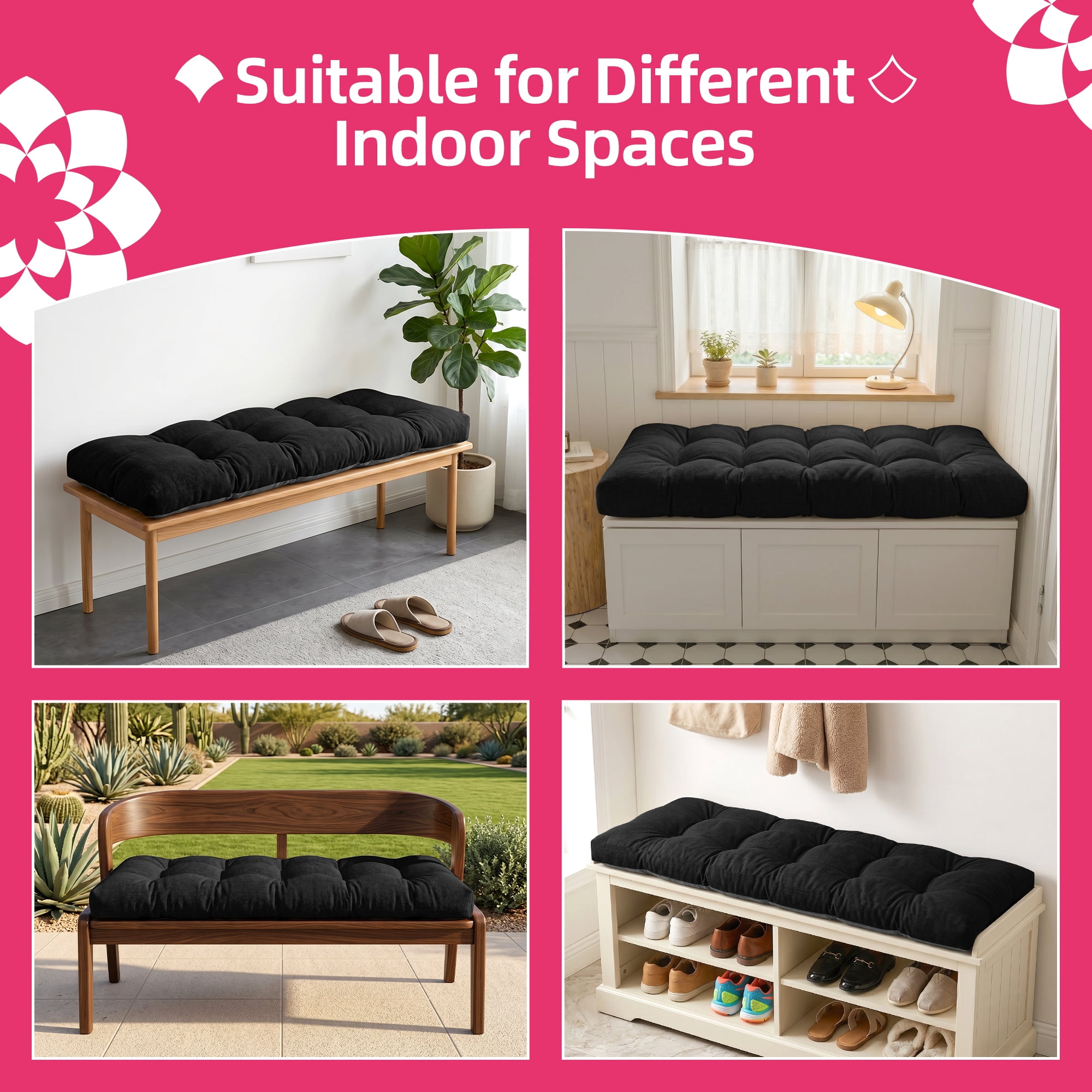 Millsilo Indoor Bench Cushion 42" x 16" x 4", Thick Tufted Cushion with Non Slip Bottom for Window Seat & Entryway Bench, Black