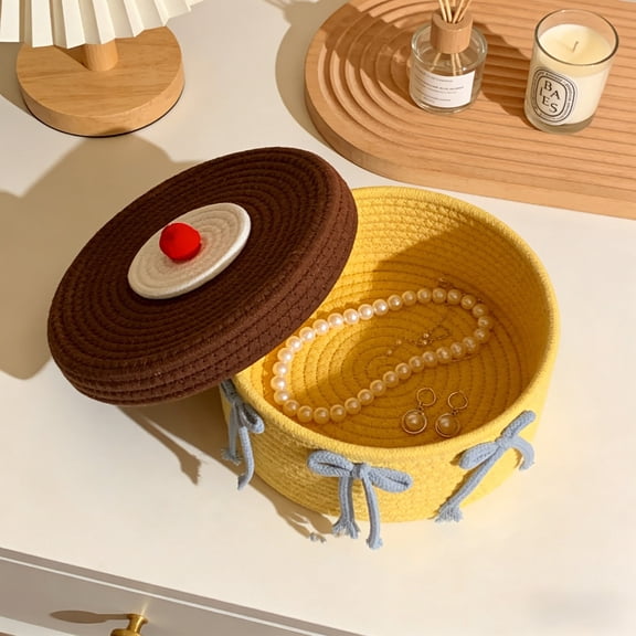 Tgbvmt Rope Cake Shaped Storage Basket With Lid 8.66 In Cute Decorative Design Dustproof Cover Soft Texture Organizer For Keys Lipsticks Small Items Desktop Bedroom Living Room Home Decor Baskets