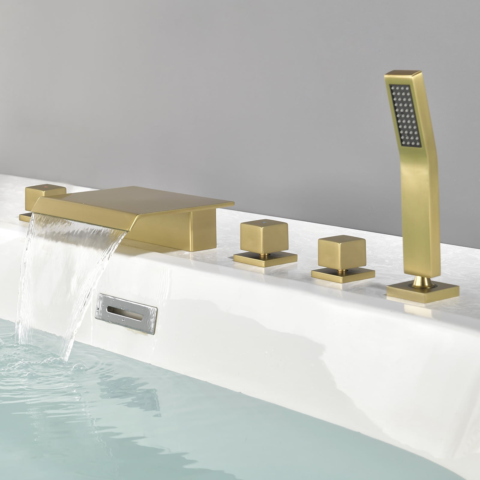 Cobbe 5-Hole Deck Mount Bathroom Bathtub Faucet with Hand Shower, 7.87-Inch and Wide Waterfall Spout Brushed Gold