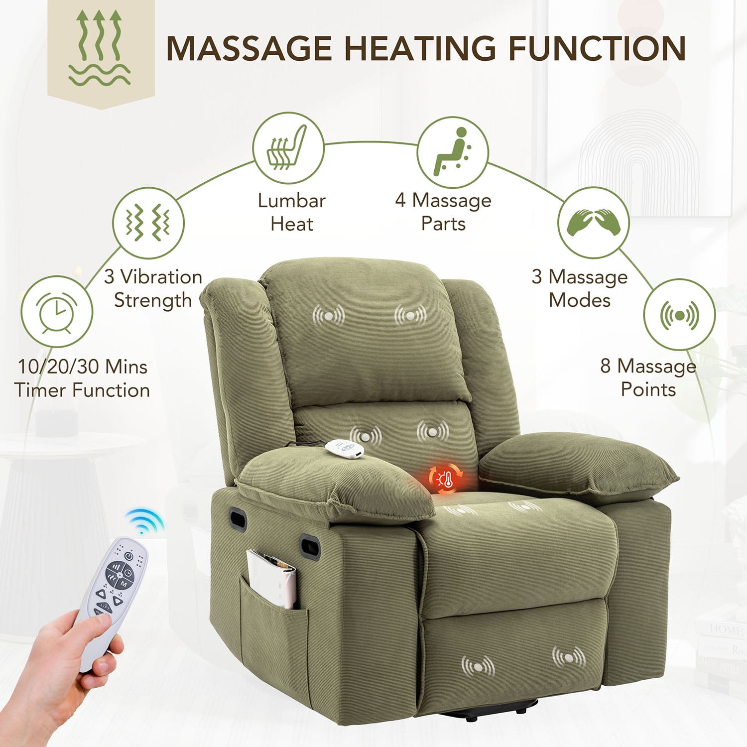 Kepooman Electric Power Lift Chairs Recliner, Power Lift Chair for Elderly with Adjustable Massage and Heating Function for Living Room, Green Kepooman Electric Power Lift Chairs Recliner, Power Lift Chair for Elderly with Adjustable Massage and Heating Function for Living Room, Green