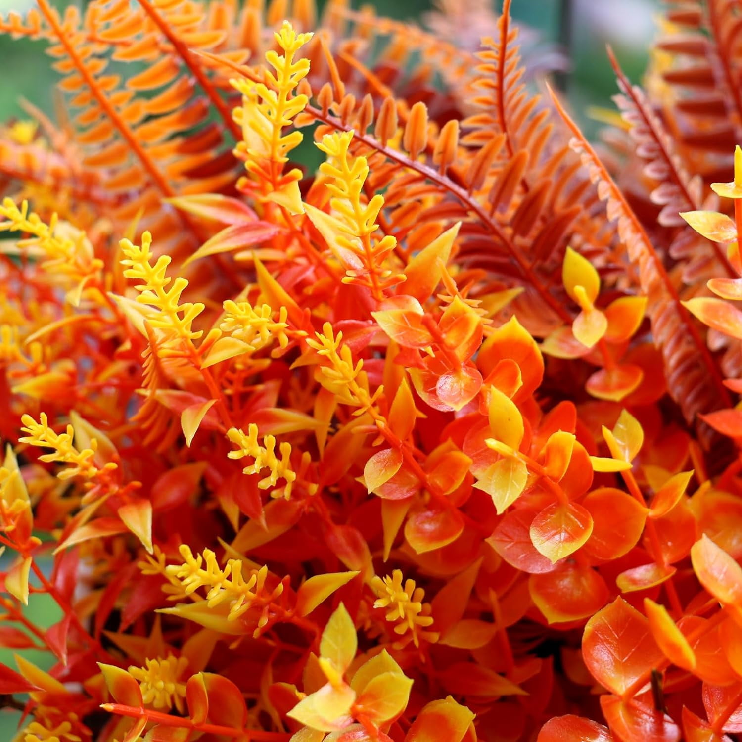 18Pcs Artificial Fall Flowers Plants for Outdoor Autumn Decoration, UV Resistant Plastic Plants, Faux Boston Fern & Eucalyptus Bulk for Garden, Patio, Window Box Decor