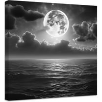 ZHONGYUTONG Moon Over Ocean Painting Canvas Wall Art Full Moon in Night Picture Prints Black and White Modern Artwork Home Decor Framed (20.00" x 20.00")