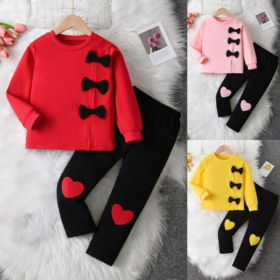 Dianli 2 Piece Outfits Girls Fashion Pullover Blouse Bow Tie Long Sleeve Crew Neck Tops Comfy Clothing Set Shirts for Girls 4-12 Up to 60% Off Pink 4Y