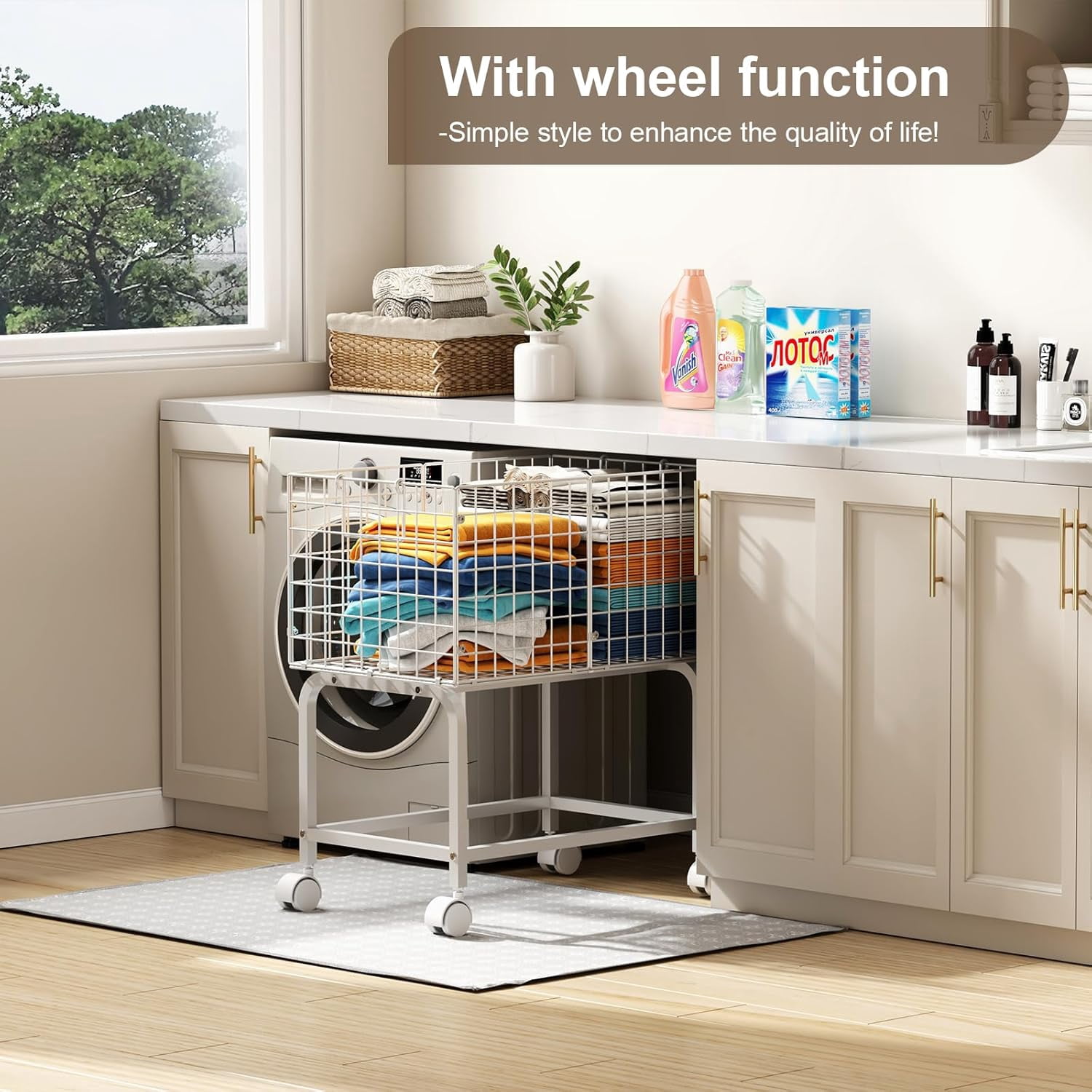 Wire Laundry Hamper Cart,Rolling Laundry Carts with Pull Handle,Black Tall Laundry Basket,Commercial Wire Laundry Hamper Cart-23.6 * 15.75 * 28 inches