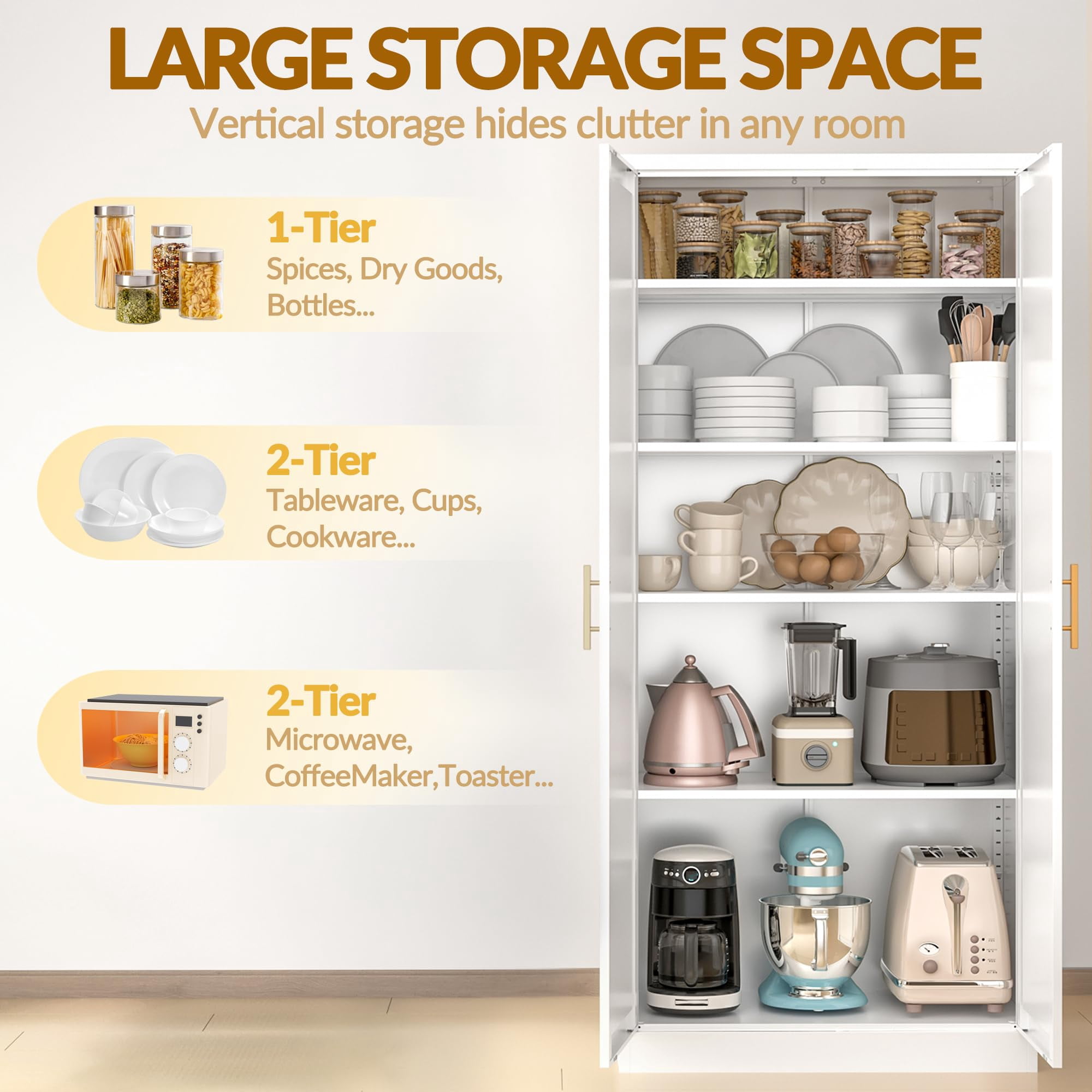 Kitchen Pantry Cabinet,71” Metal Tall Pantry Storage Cabinet with Doors and 4 Adjustable Shelves,Kitchen Storage Cabinets White Freestanding Food Cabinet for Pantries, Kitchen, Dining Room