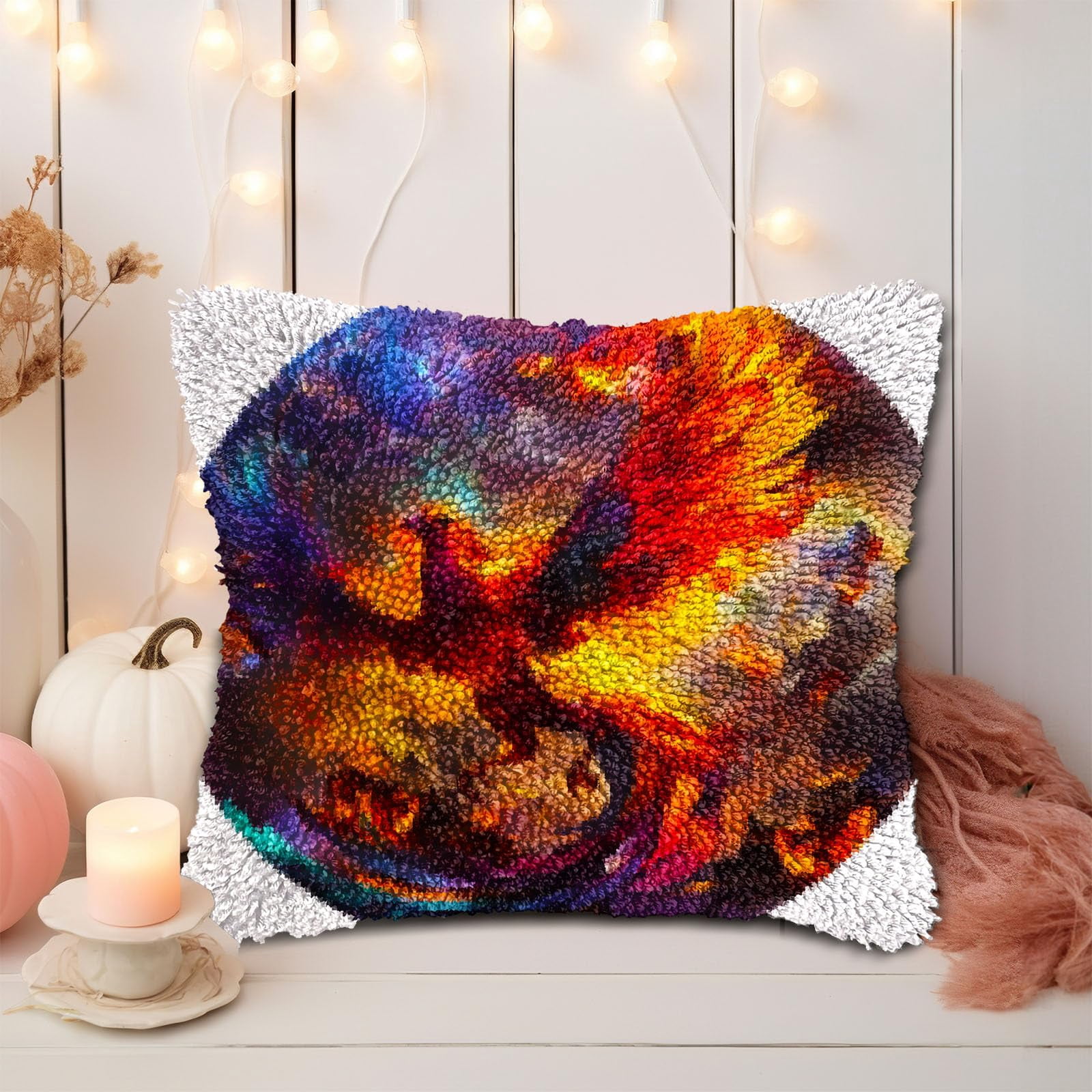 Red Bird Flying in Fire DIY Latch Hook Pillow Kits for Adults Printed Pillowcase Crochet Yarns Hooking Handmade Pillow Cover Cushion for Home Sofa Decoration 17x17inch(2)