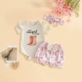 thumbnail image 2 of Linfrsh Toddler Summer Clothes Girls Baby Girl Summer Spring Clothes Baby Cowgirl Outfit New Cowgirl in Town Short Sleeve Romper + Shorts and Headband(Beige,0-3 Months), 2 of 5