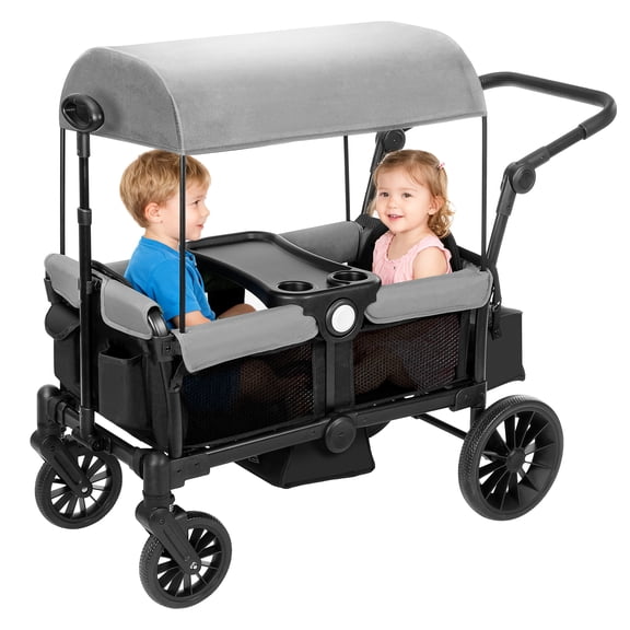 Bobiber Collapsible Wagon Stroller 2 Seater with 3-Point Harnesses, Canopy, Storage Bag, Adjustable Handlebar, 2 Cup Holders, Gray