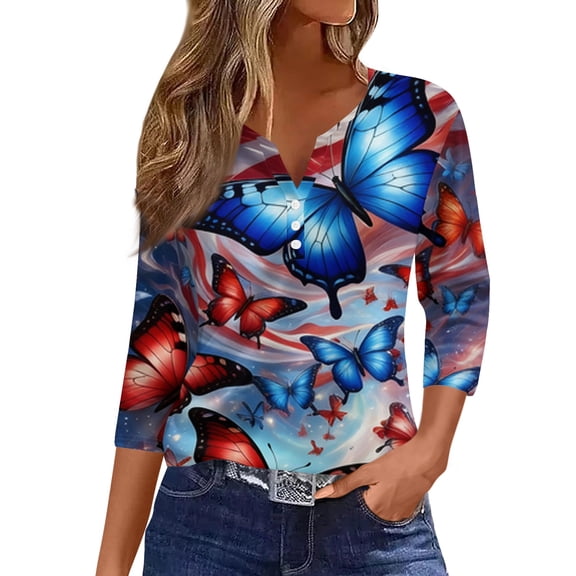 Women's 250th Anniversary USA Shirt Patriotic American Flag Print V-Neck Button 3/4 Sleeve T-Shirt