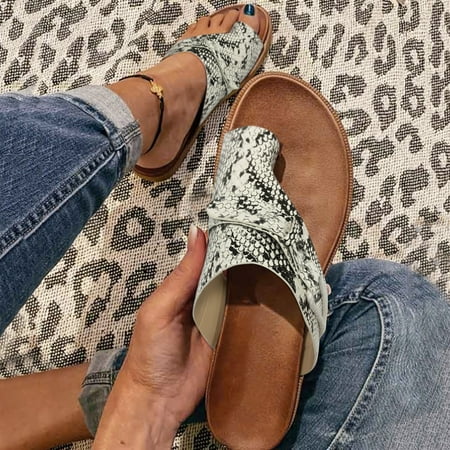 

Gyouwnll Flip Flops For Beach Flip Flops For Women Fashion Casual Ring Toe Wedges Leopard Leather Slippers Sandals Shoes