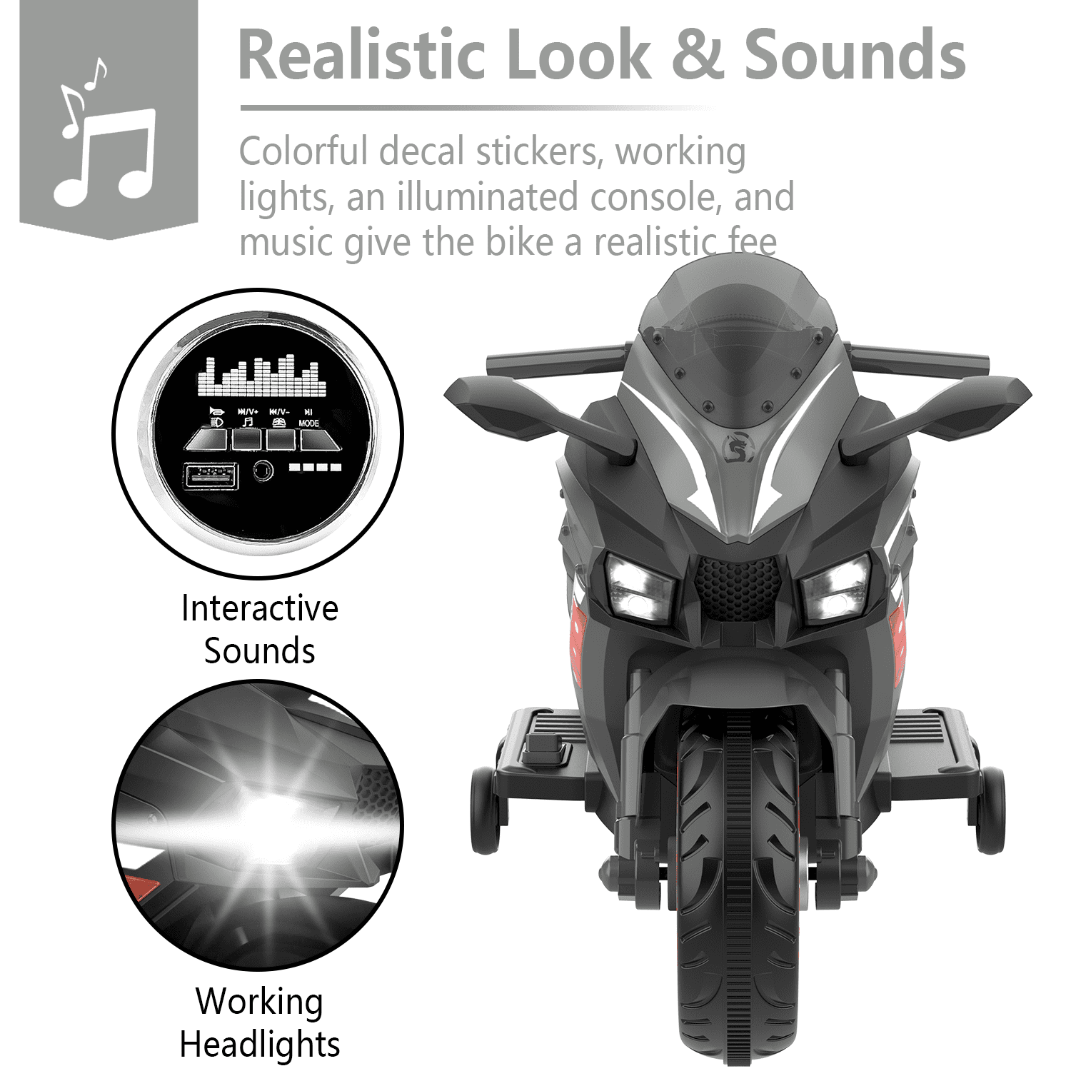 Werseon 12V Motorcycle Ride on Toy for Kids Ages 3+, Rechargeable Motorcycle with LED Light & Training Wheels, up to 90lbs, Gray