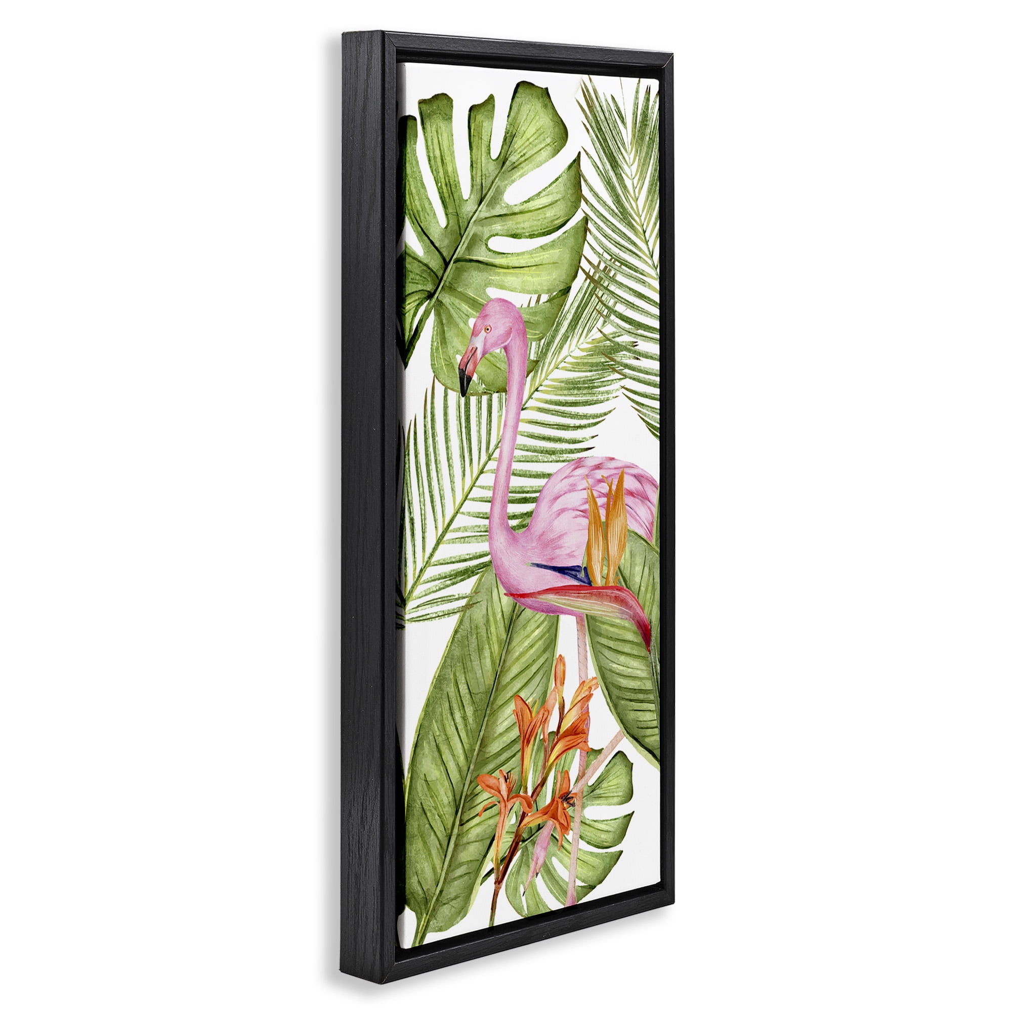 Stupell Industries Tropical Plants & Flamingo Animals & Insects Painting Black Floater Framed Canvas Art Print Wall Art, 11 x 25
