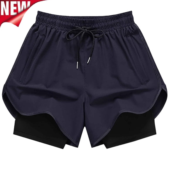 Tqyyweavej Running Shorts for Men Drawstring Solid Color Workot Shorts with Pockets Stretch Gym Shorts with Compression Liner 2 in 1, Black