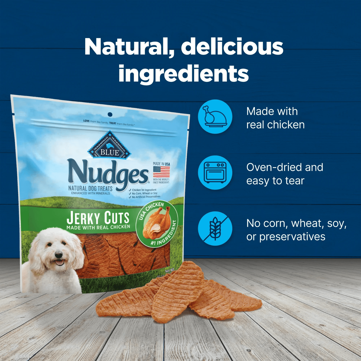 Blue Buffalo Nudges Jerky Cuts Natural Dog Treats, Chicken, 453g, BLUE Nudges Jerky Dog Chicken