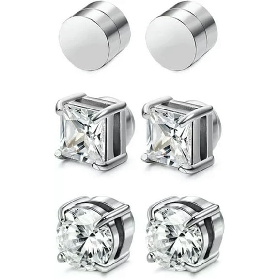 QQTDFG 6 Pair Men Women Stainless Steel CZ Magnetic Stud Earrings Non Piercing Clip on-Silver 8mm