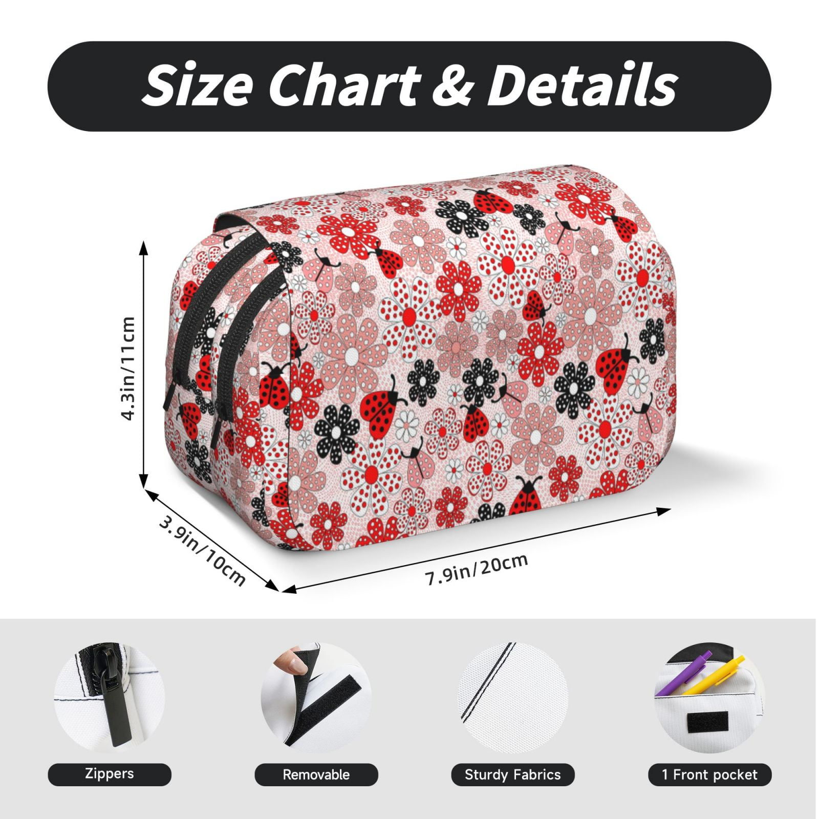 Rateoe Cute ladybugs red Pattern Double Clamshell Pen Case, Storage Organizer with Two Zipper Compartments– Holds Up to 50 Pencils & Pens