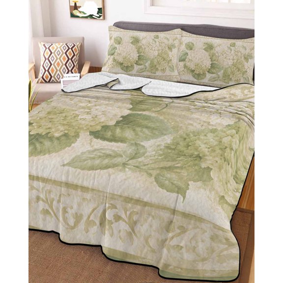 King Quilt Bedding Set, Green White Hydrangea Lightweight Coverlet Summer Comforter Set Soft Microfiber Bedspread, Retro Farm Floral Art 3 Piece Quilt Set with 2 Pillow Shams