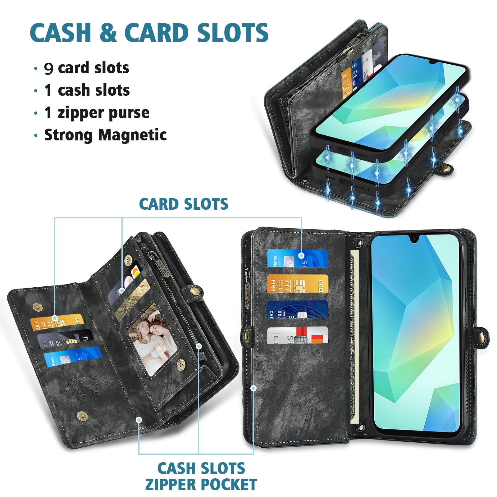 Asuwish Phone Case for Samsung Galaxy A16 5G/4G Zipper Wallet Detachable Cell Cover with Tempered Glass Screen Protector Crossbody Lanyard Strap Flip Card Holder A 16 16A SM-A166U Women Girls Black