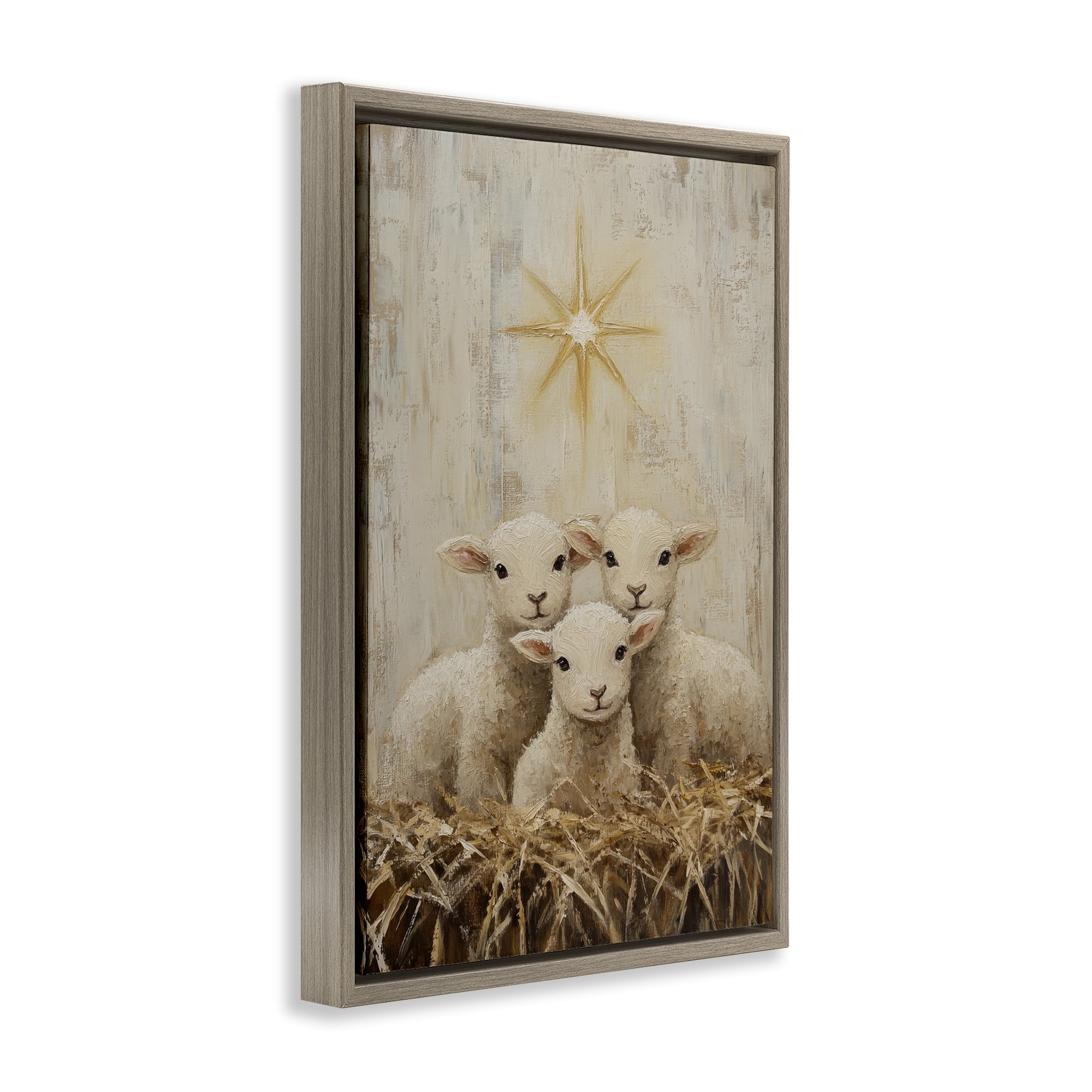 Christmas Lambs Trio Brown Framed Floater Canvas Wall Art, design by Petal Prints Design