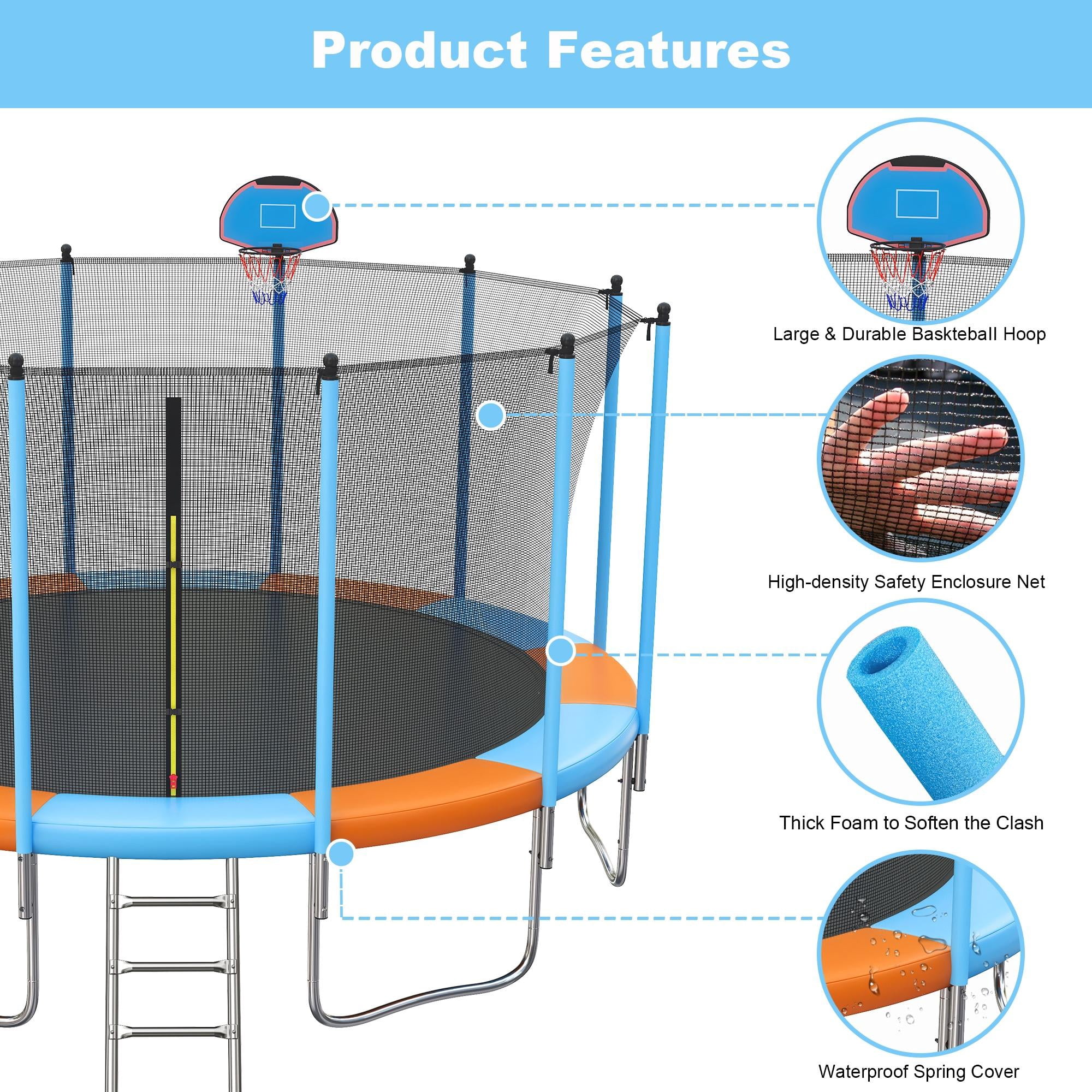 Trampoline for Adults and Kids with Safety Enclosure , 16ft SEGMART Upgrade Outdoor Trampoline with Basketball Hoop and LED Lights, Heavy Duty Round Trampoline with Ladder and Sprinkler for Outdoor