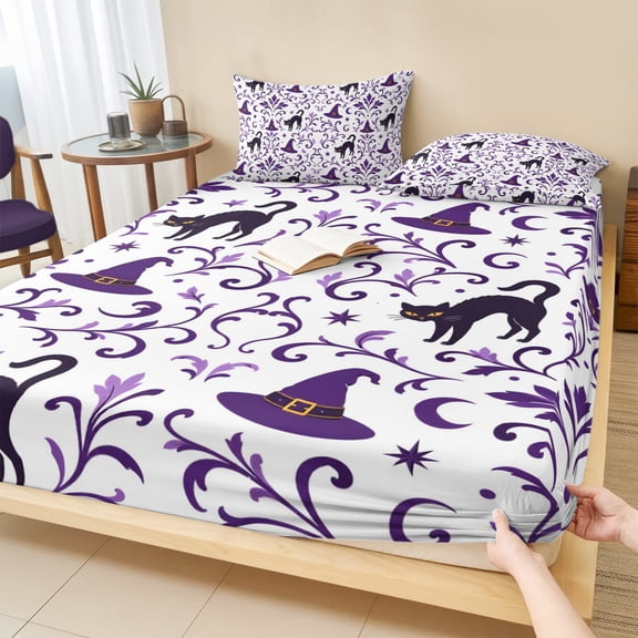King Size Fitted Sheet Set - Purple Floral Halloween 3 Piece Bedding Sets 16" Deep Pocket Fitted Sheet with 2 Pillowcases, Horror Black Cats Brushed Microfiber Hotel Luxury Bed Sheets