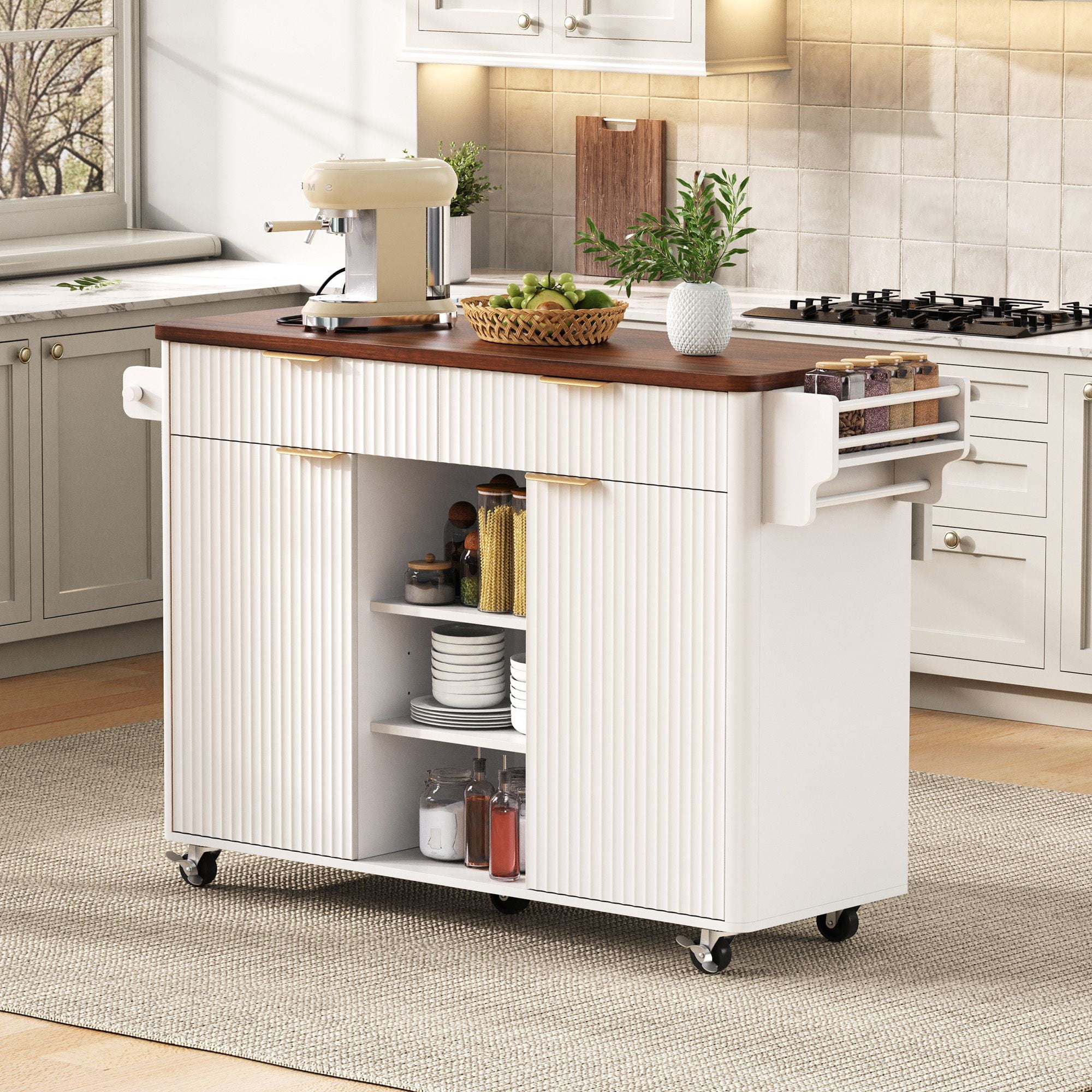 Alvantor 52" Fluted Kitchen Island with Drop Leaf, Power Outlet, Drawers, White