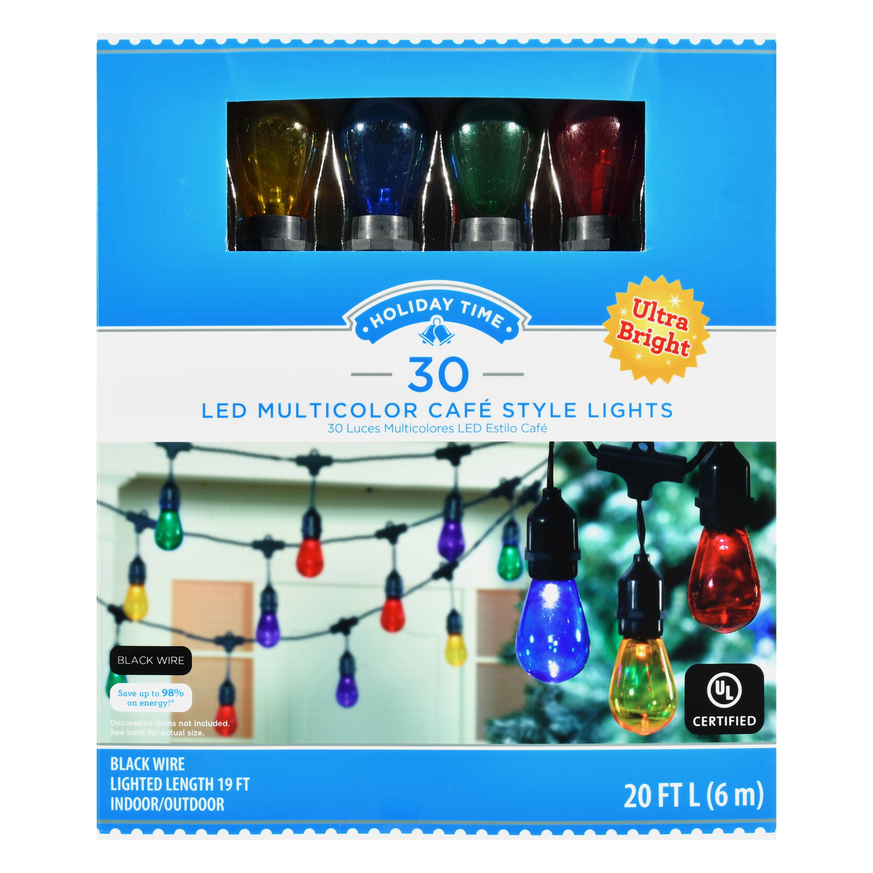 Holiday Time Multicolor Ultra Bright LED Cafe Style Christmas Lights, 19', 30 Count Walmart