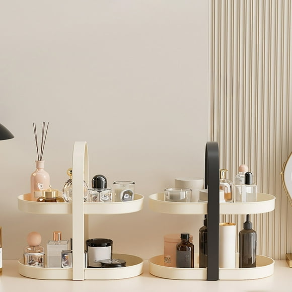 Organizador de estanterías de doble escritorio para maquillaje y cuidado de la piel - almacenamiento cosmético de 2 niveles con asa para baño o tocador