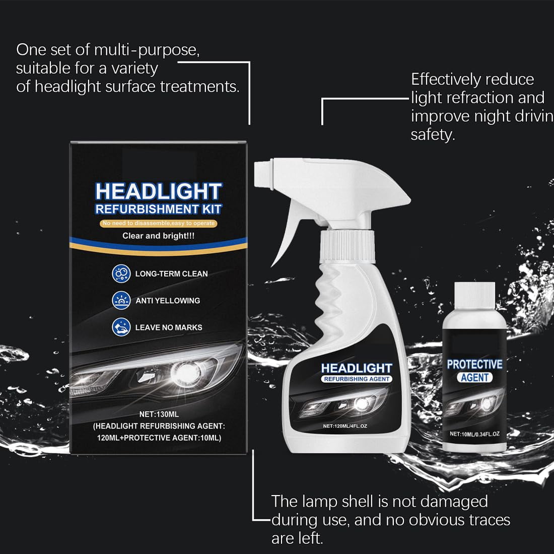 Q4 Headlight Restoration, Headlight Cleaner and Restorer Kit, Automotive Headlamp Restoration Fluid Kit, Cloudy Headlights Oxidation & Yellowing Remover Spray, All Vehicles That Restores Clarity