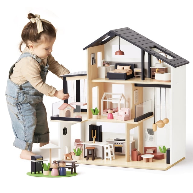 Casa de muñecas Tiny Land, casa de muñecas familiar moderna con diseño realista, casa de muñecas de madera con muebles de 53 piezas, regalo ideal para niños a partir de 3 años