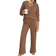 thumbnail image 2 of Fiaer,Womens Loose Fit Knit Lounge Wear Sets,Women's 2 Piece Sets for V Neck Long Sleeve T Shirt and Elastic Waisted Palazzo Pants,Plus Size Casual Trendy Lightweight Outfits Set Brown1 M, 2 of 7